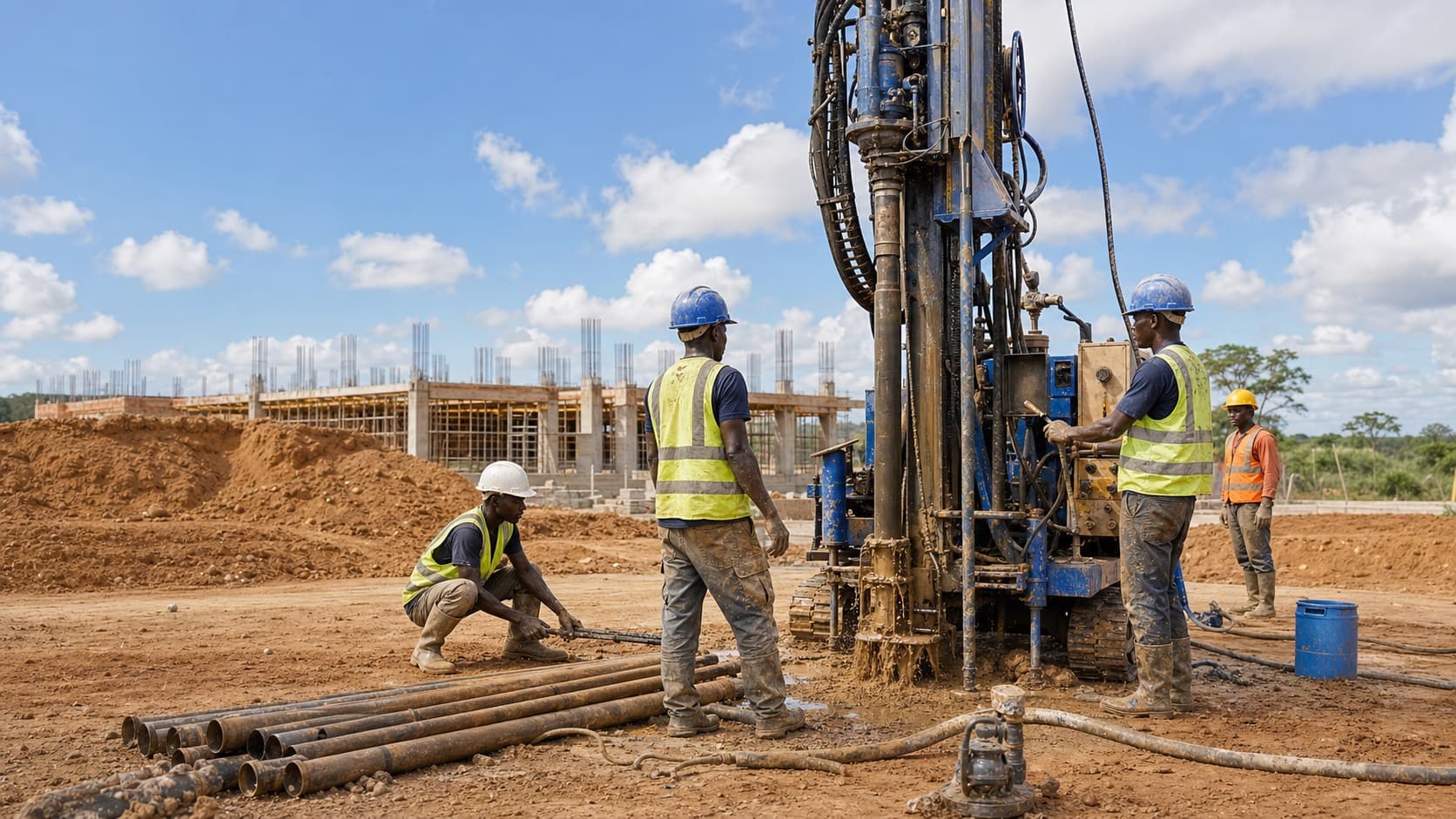 Chantier de forage et de génie civil mené par une équipe technique en Afrique centrale