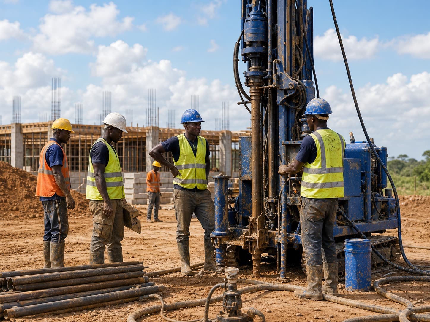 Équipe de forage et de génie civil sur un chantier technique